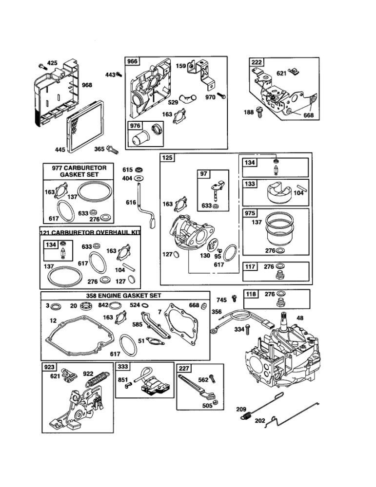 Short Block/Carburetor Diagram and Parts List for 125K05-0477-E1  Briggs and Stratton Engine